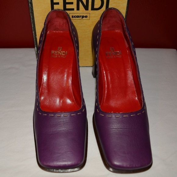 Fendi Vintage Purple Leather Block Heel Pumps – Square Toe - Picture 4 of 14
